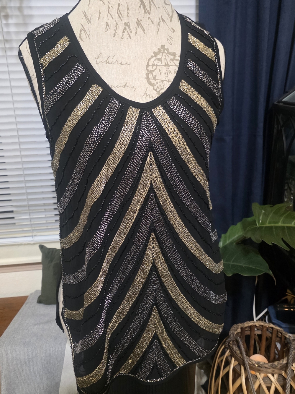 english rose Black Sleeveless Tank with Gold & Silver Beaded Detail